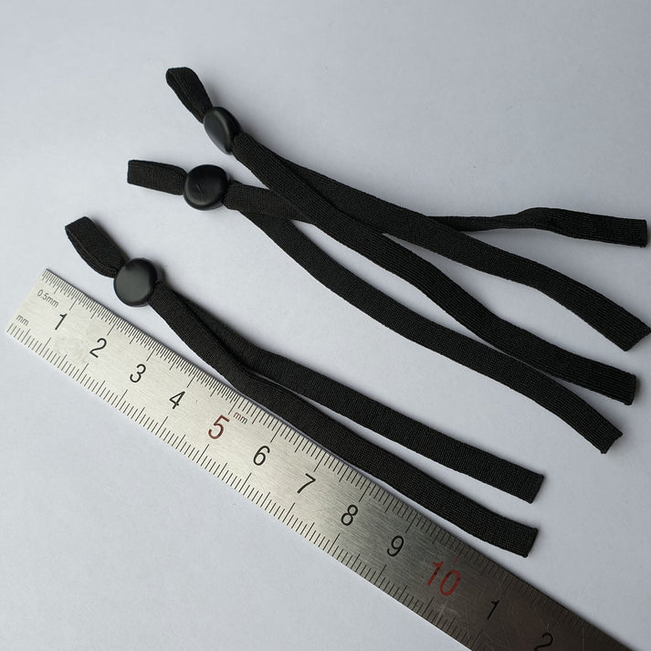 Pair of black mask elastics with adjustable toggle