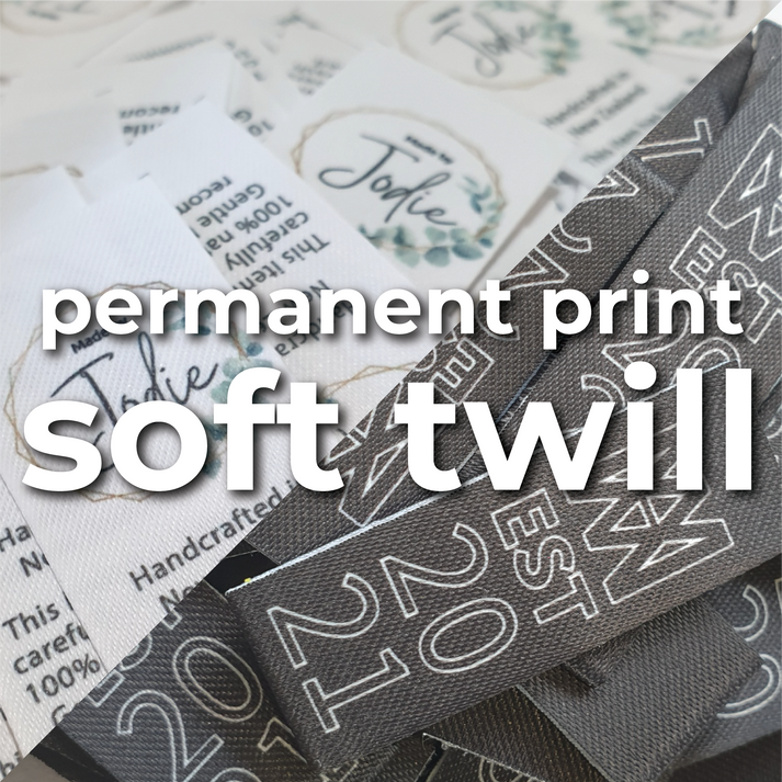 ST - Soft twill (permanent print) / 15mm wide twill / a) SHORT - Labels use between 0 to 44mm of material per label
